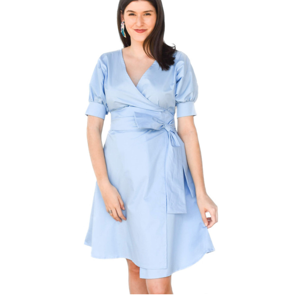 Monica Nera Kim Dress Baby Blue Wrap Dress XS Wedding Guest Bridal Shower